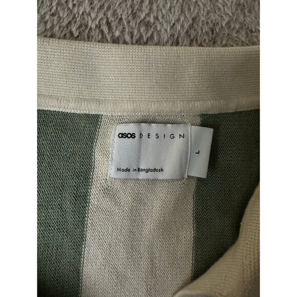 ASOS DESIGN relaxed knit textured notch neck polo shirt in ecru green stripe L - Picture 6 of 12